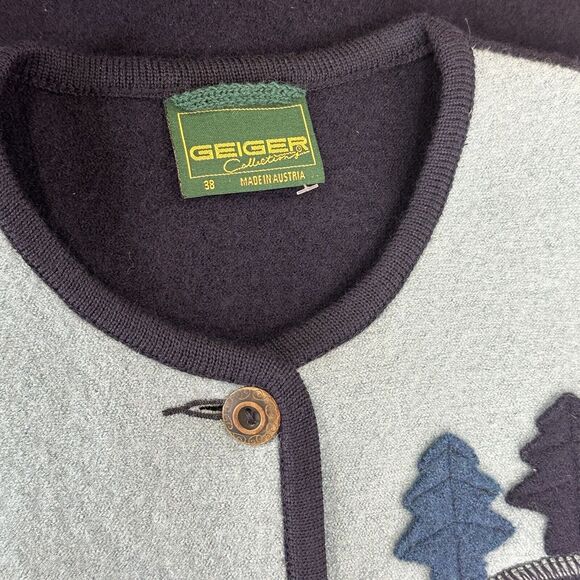 Geiger Collection Austria blue winter pine tree Wool cardigan Jacket size 38 - Picture 6 of 10
